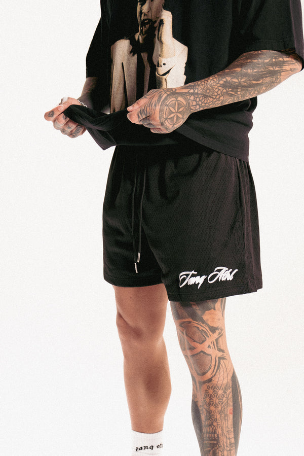 Embroidered Script Mesh Shorts Black