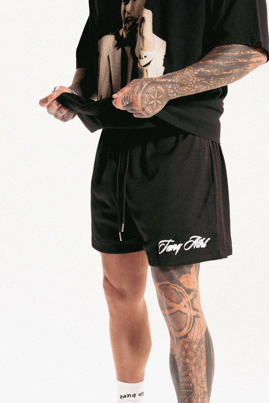 Embroidered Script Mesh Shorts Black